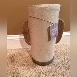 NWT Rustic Cream Unglazed Ceramic Vase w/ Wood Accents